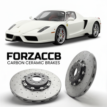 ForzaCCB direct OEM replacement carbon ceramic brake rotors for 2002 to 2004 Ferrari Enzo Ferrari models, shown with a white Ferrari Enzo Ferrari car.