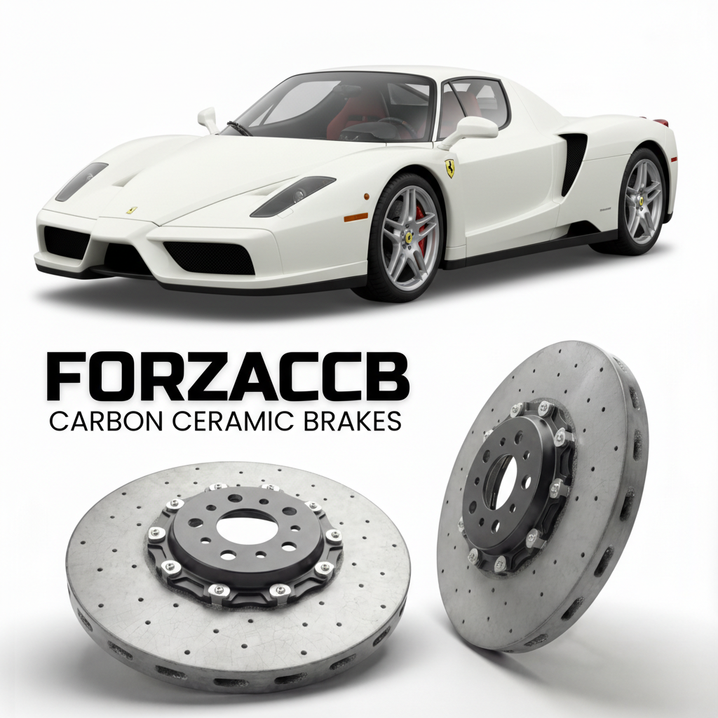 ForzaCCB direct OEM replacement carbon ceramic brake rotors for 2002 to 2004 Ferrari Enzo Ferrari models, shown with a white Ferrari Enzo Ferrari car.