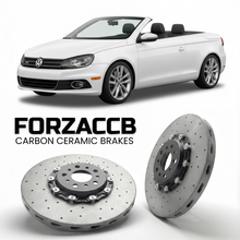 ForzaCCB direct OEM replacement carbon ceramic brake rotors for 2006 to 2015 Volkswagen Eos Typ 1F models, shown with a white Volkswagen Eos car.