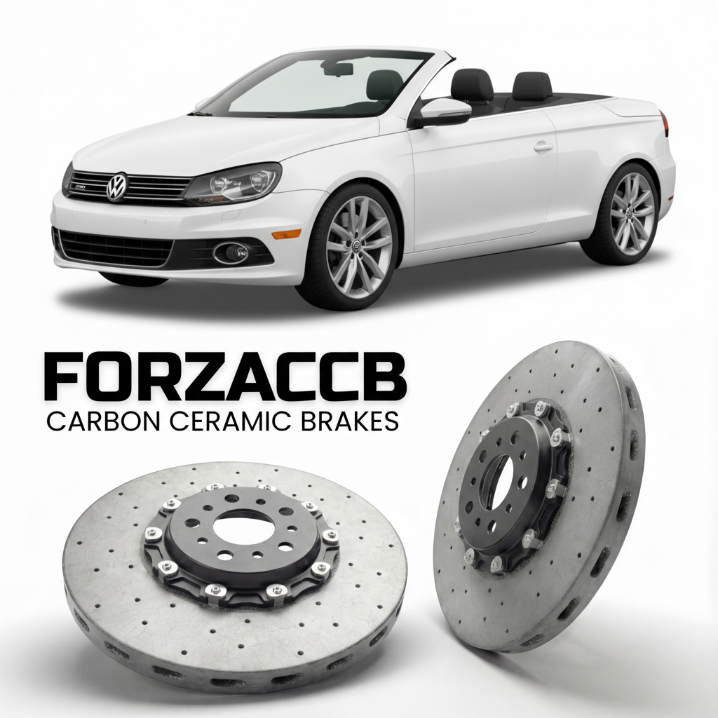ForzaCCB direct OEM replacement carbon ceramic brake rotors for 2006 to 2015 Volkswagen Eos Typ 1F models, shown with a white Volkswagen Eos car.