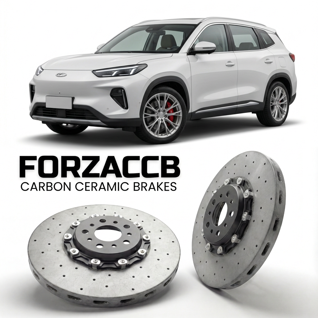 ForzaCCB direct OEM replacement carbon ceramic brake rotors for 2024 and newer Chery eQ7 models, shown with a white Chery eQ7 car.
