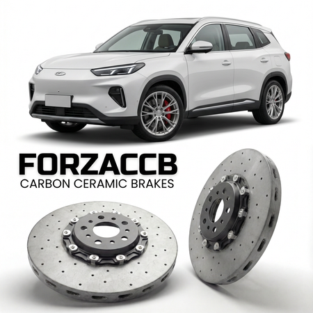 ForzaCCB direct OEM replacement carbon ceramic brake rotors for 2024 and newer Chery eQ7 models, shown with a white Chery eQ7 car.