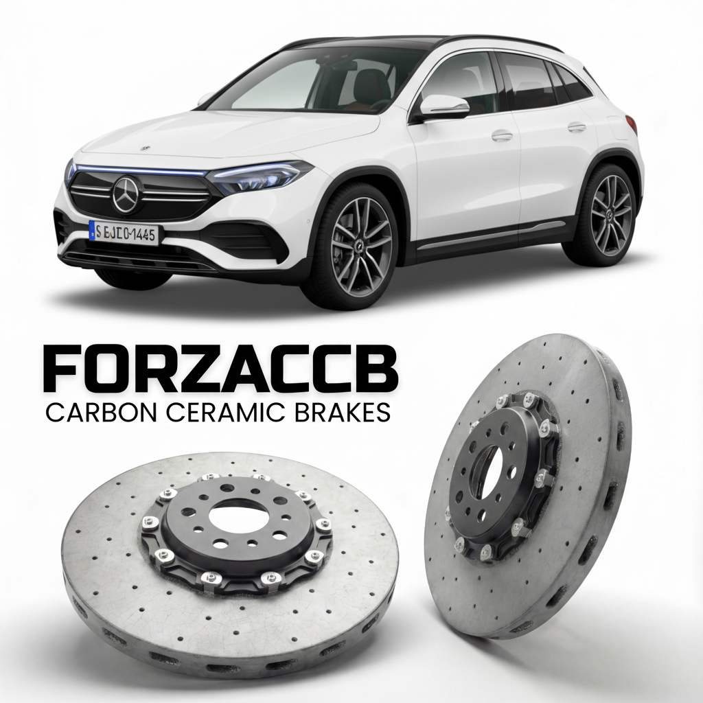 ForzaCCB direct OEM replacement carbon ceramic brake rotors for 2021- Mercedes-Benz EQA H243 models, shown with a white Mercedes-Benz EQA car.