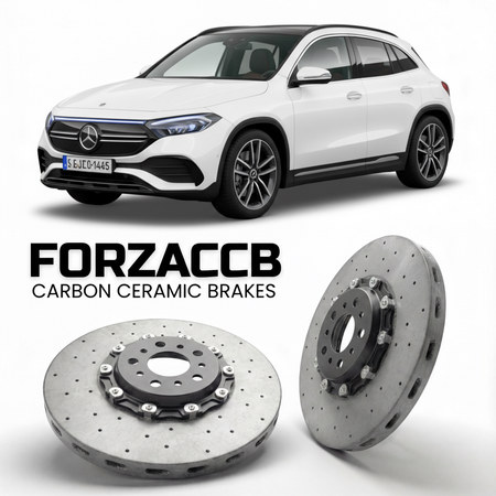 ForzaCCB direct OEM replacement carbon ceramic brake rotors for 2021- Mercedes-Benz EQA H243 models, shown with a white Mercedes-Benz EQA car.