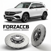 ForzaCCB direct OEM replacement carbon ceramic brake rotors for 2021- Mercedes-Benz EQB X243 models, shown with a white Mercedes-Benz EQB car.