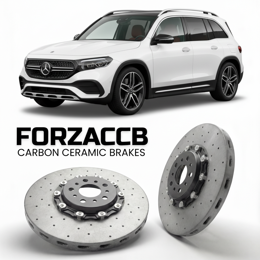 ForzaCCB direct OEM replacement carbon ceramic brake rotors for 2021- Mercedes-Benz EQB X243 models, shown with a white Mercedes-Benz EQB car.