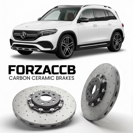 ForzaCCB direct OEM replacement carbon ceramic brake rotors for 2021- Mercedes-Benz EQB X243 models, shown with a white Mercedes-Benz EQB car.