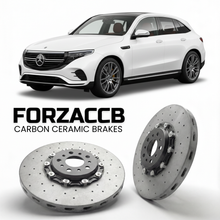 ForzaCCB direct OEM replacement carbon ceramic brake rotors for 2019 to 2023 Mercedes-Benz EQC N293 models, shown with a white Mercedes-Benz EQC car.