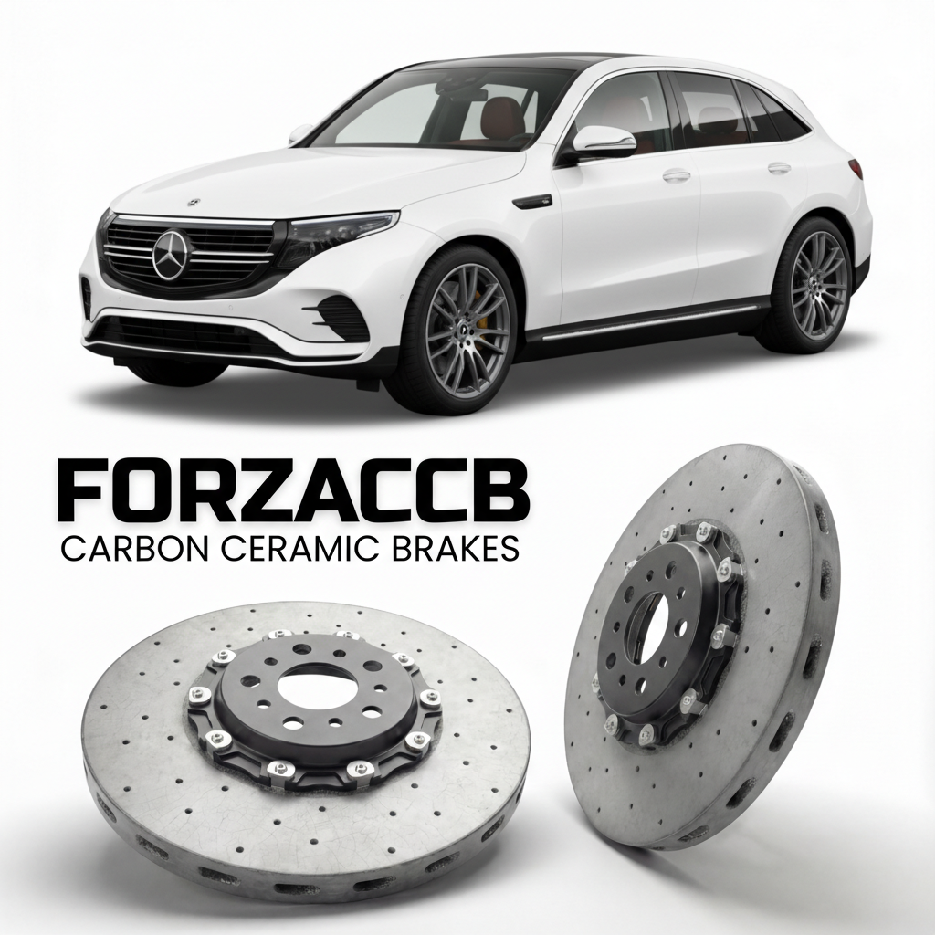 ForzaCCB direct OEM replacement carbon ceramic brake rotors for 2019 to 2023 Mercedes-Benz EQC N293 models, shown with a white Mercedes-Benz EQC car.