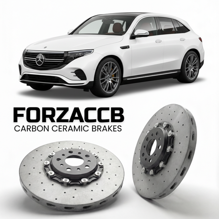 ForzaCCB direct OEM replacement carbon ceramic brake rotors for 2019 to 2023 Mercedes-Benz EQC N293 models, shown with a white Mercedes-Benz EQC car.