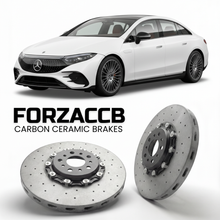 ForzaCCB direct OEM replacement carbon ceramic brake rotors for 2022- Mercedes-Benz EQE V295 models, shown with a white Mercedes-Benz EQE car.