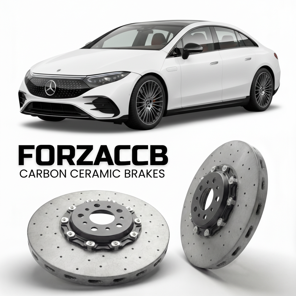 ForzaCCB direct OEM replacement carbon ceramic brake rotors for 2022- Mercedes-Benz EQE V295 models, shown with a white Mercedes-Benz EQE car.