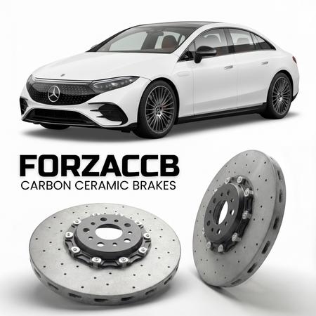 ForzaCCB direct OEM replacement carbon ceramic brake rotors for 2022- Mercedes-Benz EQE V295 models, shown with a white Mercedes-Benz EQE car.