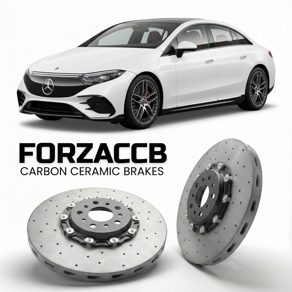 ForzaCCB direct OEM replacement carbon ceramic brake rotors for 2022- Mercedes-Benz EQE 53 AMG V295 models, shown with a white Mercedes-Benz EQE 53 AMG car.