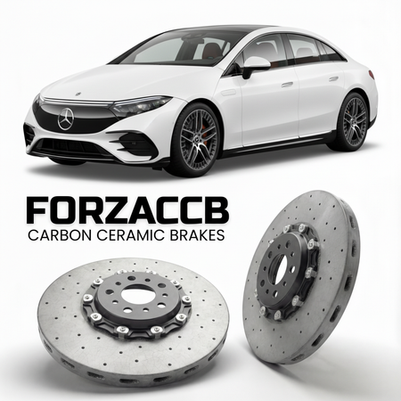 ForzaCCB direct OEM replacement carbon ceramic brake rotors for 2022- Mercedes-Benz EQE 53 AMG V295 models, shown with a white Mercedes-Benz EQE 53 AMG car.