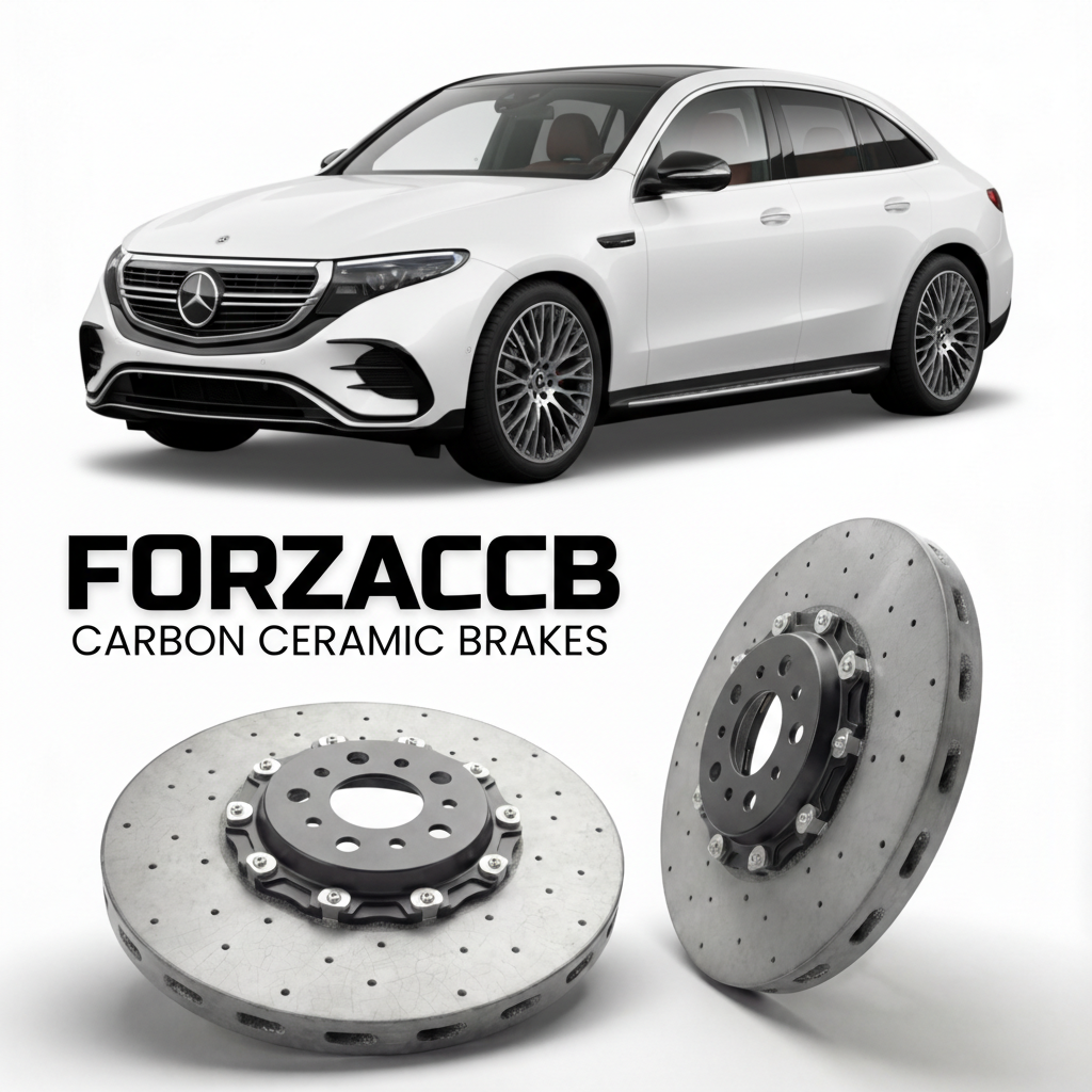 ForzaCCB direct OEM replacement carbon ceramic brake rotors for 2022- Mercedes-Benz EQE SUV X294 models, shown with a white Mercedes-Benz EQE SUV car.
