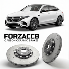 ForzaCCB direct OEM replacement carbon ceramic brake rotors for 2022- Mercedes-Benz EQE SUV X294 models, shown with a white Mercedes-Benz EQE SUV car.