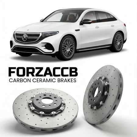 ForzaCCB direct OEM replacement carbon ceramic brake rotors for 2022- Mercedes-Benz EQE SUV X294 models, shown with a white Mercedes-Benz EQE SUV car.