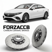 ForzaCCB direct OEM replacement carbon ceramic brake rotors for 2021- Mercedes-Benz EQS V297 models, shown with a white Mercedes-Benz EQS car.