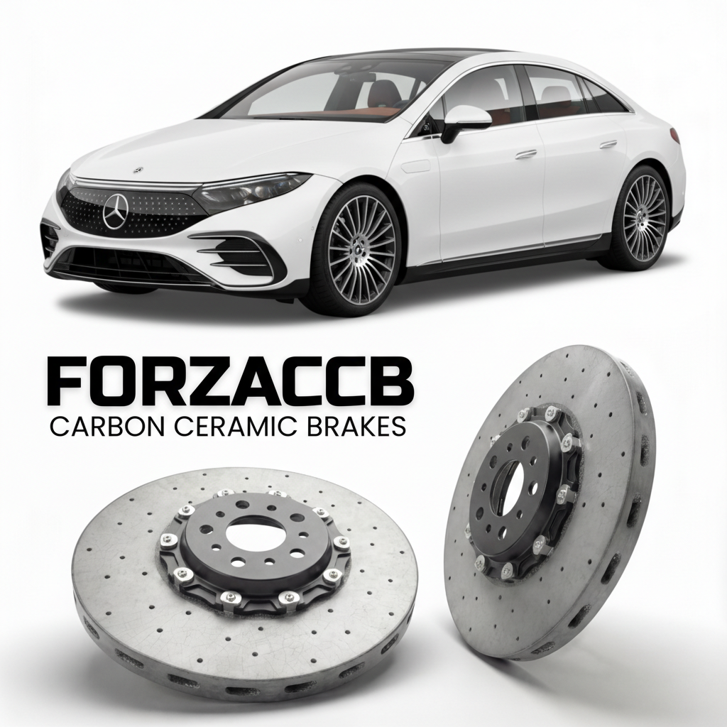 ForzaCCB direct OEM replacement carbon ceramic brake rotors for 2021- Mercedes-Benz EQS V297 models, shown with a white Mercedes-Benz EQS car.