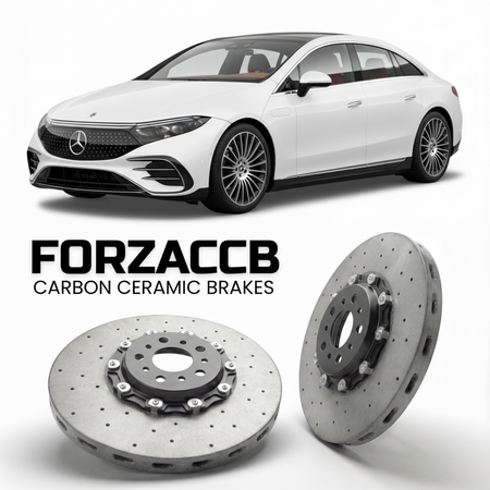 ForzaCCB direct OEM replacement carbon ceramic brake rotors for 2021- Mercedes-Benz EQS V297 models, shown with a white Mercedes-Benz EQS car.