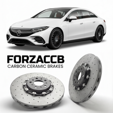 ForzaCCB direct OEM replacement carbon ceramic brake rotors for 2022- Mercedes-Benz EQS 53 AMG V297 models, shown with a white Mercedes-Benz EQS 53 AMG car.