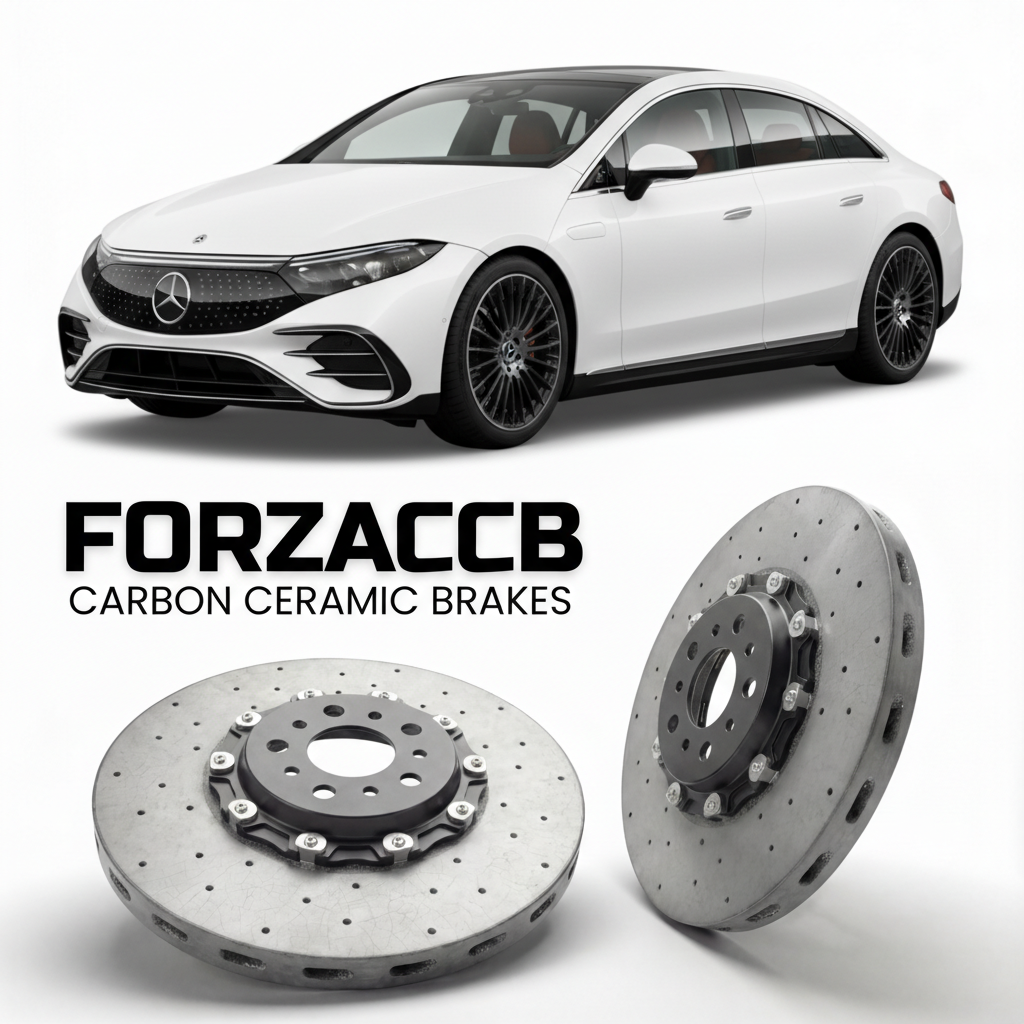 ForzaCCB direct OEM replacement carbon ceramic brake rotors for 2022- Mercedes-Benz EQS 53 AMG V297 models, shown with a white Mercedes-Benz EQS 53 AMG car.