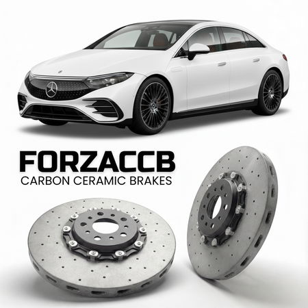 ForzaCCB direct OEM replacement carbon ceramic brake rotors for 2022- Mercedes-Benz EQS 53 AMG V297 models, shown with a white Mercedes-Benz EQS 53 AMG car.