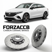 ForzaCCB direct OEM replacement carbon ceramic brake rotors for 2022- Mercedes-Benz EQS SUV X296 models, shown with a white Mercedes-Benz EQS SUV car.