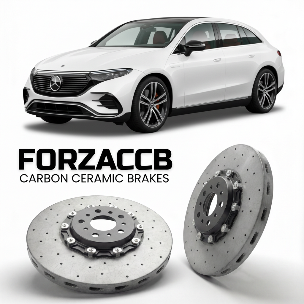 ForzaCCB direct OEM replacement carbon ceramic brake rotors for 2022- Mercedes-Benz EQS SUV X296 models, shown with a white Mercedes-Benz EQS SUV car.