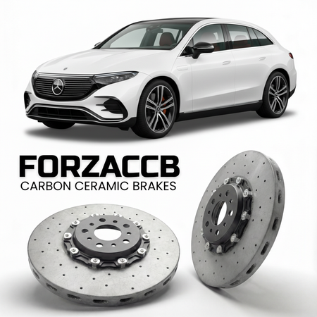 ForzaCCB direct OEM replacement carbon ceramic brake rotors for 2022- Mercedes-Benz EQS SUV X296 models, shown with a white Mercedes-Benz EQS SUV car.