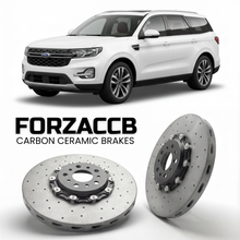 ForzaCCB direct OEM replacement carbon ceramic brake rotors for 2021 to 2024 Ford Equator models, shown with a white Ford Equator car.