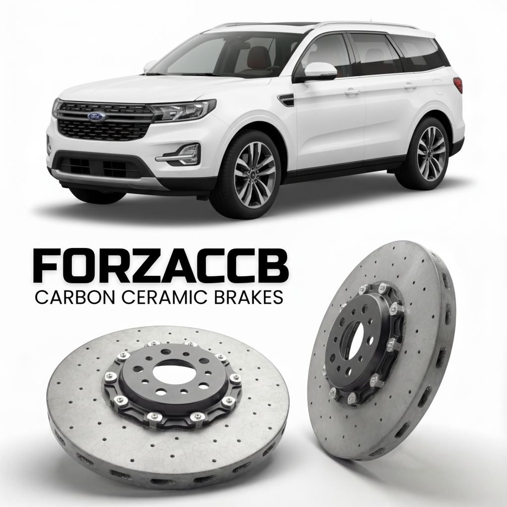 ForzaCCB direct OEM replacement carbon ceramic brake rotors for 2021 to 2024 Ford Equator models, shown with a white Ford Equator car.