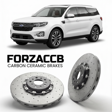 ForzaCCB direct OEM replacement carbon ceramic brake rotors for 2021 to 2024 Ford Equator models, shown with a white Ford Equator car.