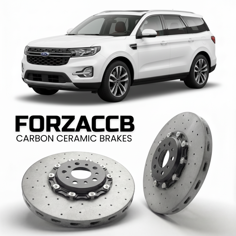 ForzaCCB direct OEM replacement carbon ceramic brake rotors for 2021 to 2024 Ford Equator models, shown with a white Ford Equator car.
