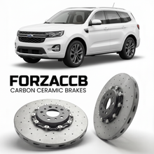ForzaCCB direct OEM replacement carbon ceramic brake rotors for 2024 and newer Ford Equator facelift 2024 models, shown with a white Ford Equator car.