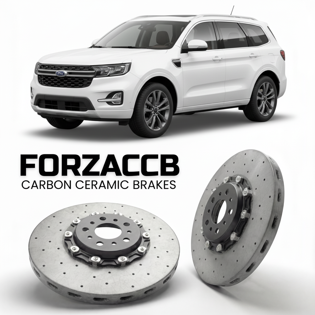 ForzaCCB direct OEM replacement carbon ceramic brake rotors for 2024 and newer Ford Equator facelift 2024 models, shown with a white Ford Equator car.