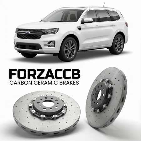 ForzaCCB direct OEM replacement carbon ceramic brake rotors for 2024 and newer Ford Equator facelift 2024 models, shown with a white Ford Equator car.