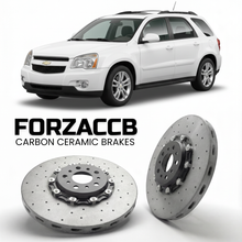 ForzaCCB direct OEM replacement carbon ceramic brake rotors for 2005 to 2009 Chevrolet Equinox models, shown with a white Chevrolet Equinox car.