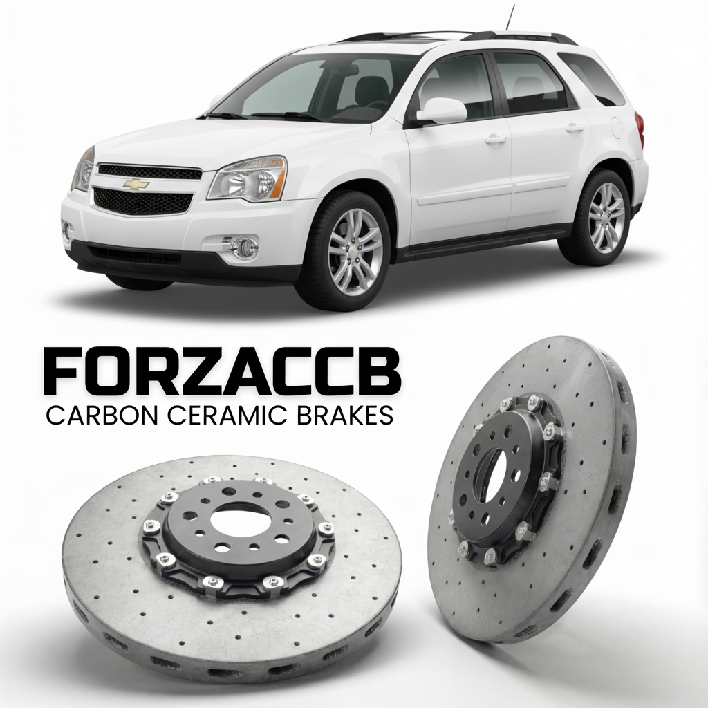 ForzaCCB direct OEM replacement carbon ceramic brake rotors for 2005 to 2009 Chevrolet Equinox models, shown with a white Chevrolet Equinox car.