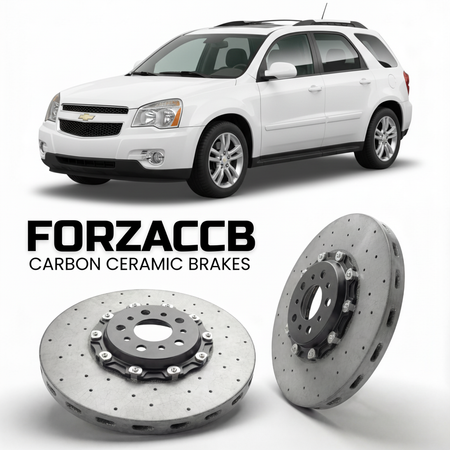 ForzaCCB direct OEM replacement carbon ceramic brake rotors for 2005 to 2009 Chevrolet Equinox models, shown with a white Chevrolet Equinox car.