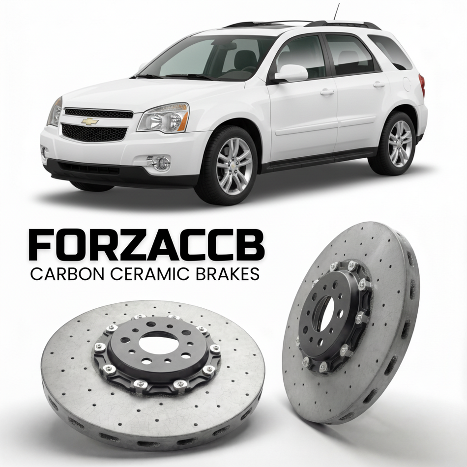 ForzaCCB direct OEM replacement carbon ceramic brake rotors for 2005 to 2009 Chevrolet Equinox models, shown with a white Chevrolet Equinox car.