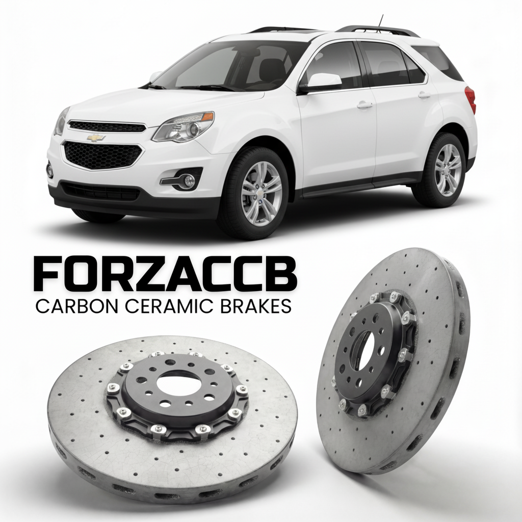 ForzaCCB direct OEM replacement carbon ceramic brake rotors for 2009 to 2015 Chevrolet Equinox II models, shown with a white Chevrolet Equinox car.