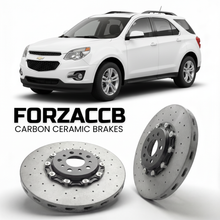 ForzaCCB direct OEM replacement carbon ceramic brake rotors for 2009 to 2015 Chevrolet Equinox II models, shown with a white Chevrolet Equinox car.