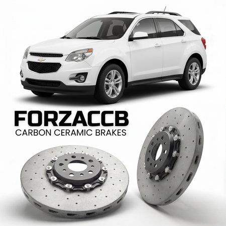 ForzaCCB direct OEM replacement carbon ceramic brake rotors for 2009 to 2015 Chevrolet Equinox II models, shown with a white Chevrolet Equinox car.