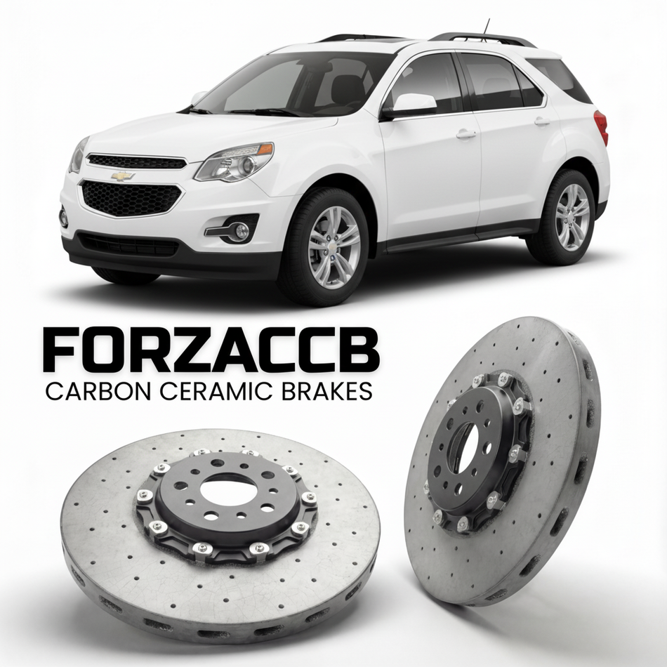 ForzaCCB direct OEM replacement carbon ceramic brake rotors for 2009 to 2015 Chevrolet Equinox II models, shown with a white Chevrolet Equinox car.