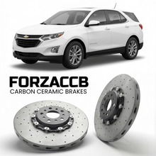 ForzaCCB direct OEM replacement carbon ceramic brake rotors for 2016-2017) Chevrolet Equinox II (facelift 2016 models, shown with a white Chevrolet Equinox car.