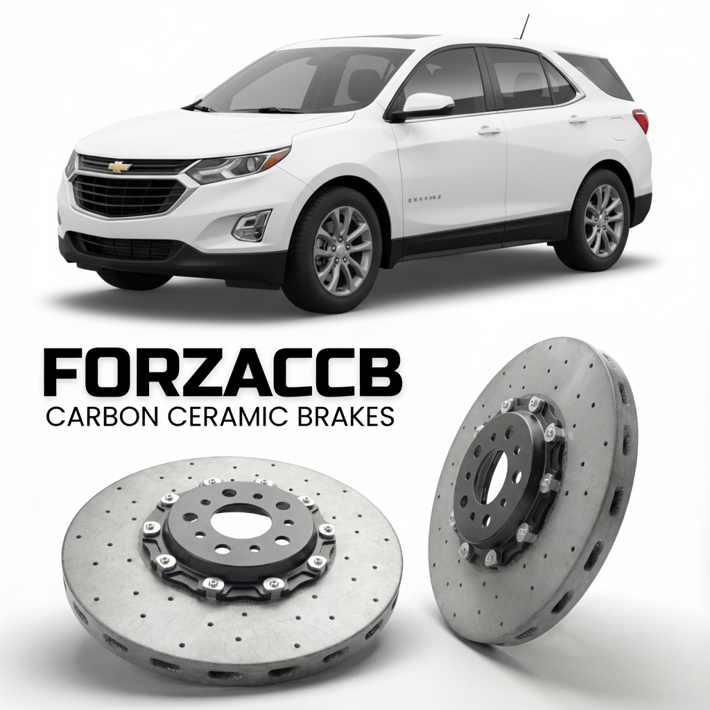 ForzaCCB direct OEM replacement carbon ceramic brake rotors for 2016-2017) Chevrolet Equinox II (facelift 2016 models, shown with a white Chevrolet Equinox car.