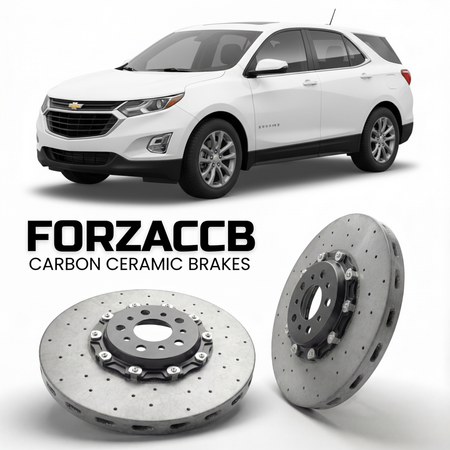 ForzaCCB direct OEM replacement carbon ceramic brake rotors for 2016-2017) Chevrolet Equinox II (facelift 2016 models, shown with a white Chevrolet Equinox car.