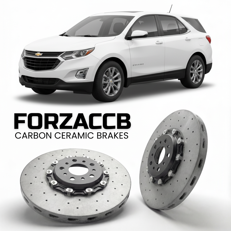 ForzaCCB direct OEM replacement carbon ceramic brake rotors for 2016-2017) Chevrolet Equinox II (facelift 2016 models, shown with a white Chevrolet Equinox car.